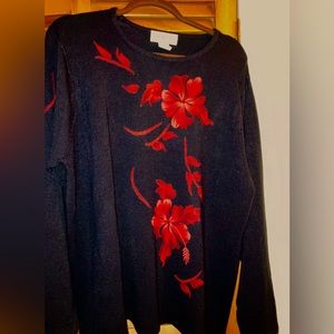 New Without Tags - BEAUTIFUL Black Sweater, with Bold Flower Print in Red SZ 1X